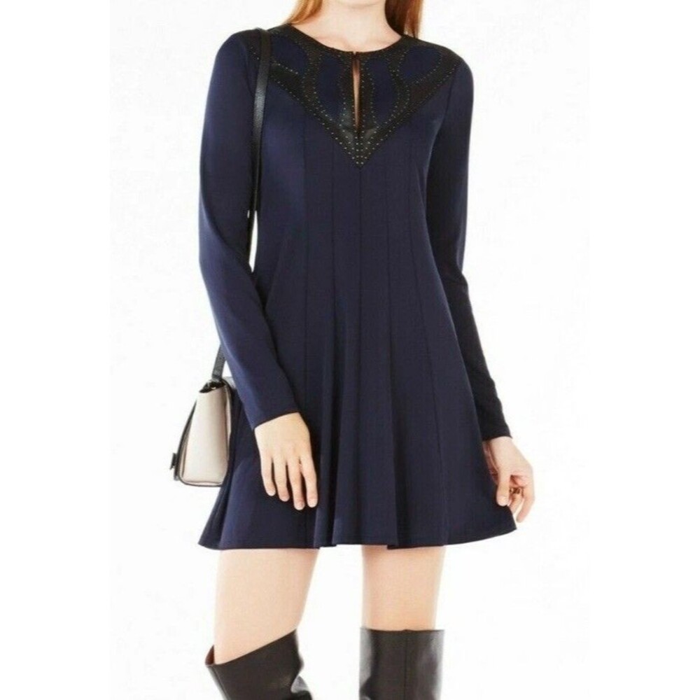 BCBGMAXAZRIA Sz S Jaena Embellishes Navy blue Flounce Dress Midnight $228 NEW